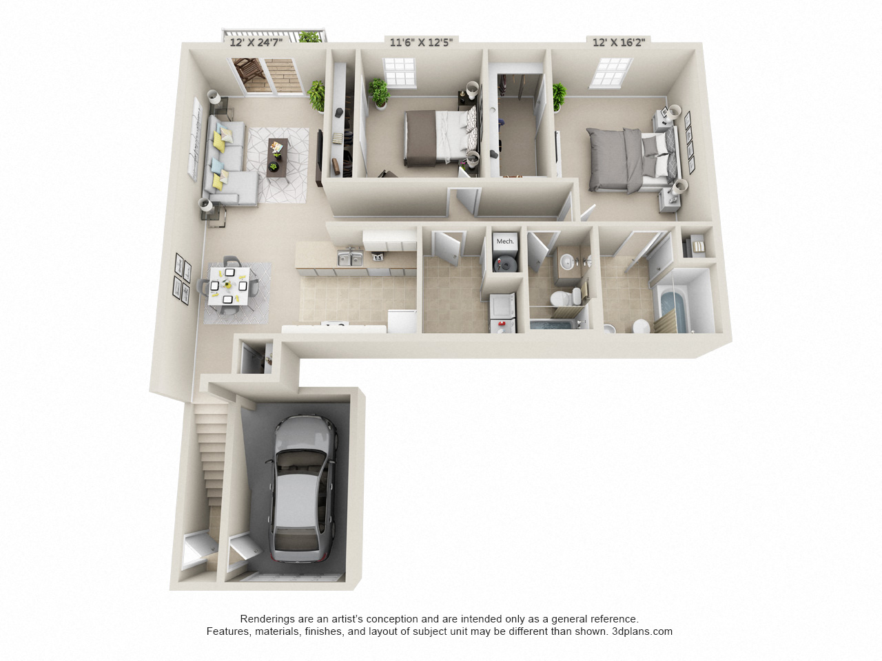 Floor plan for 2 beds, 2 baths, 1170 sqft